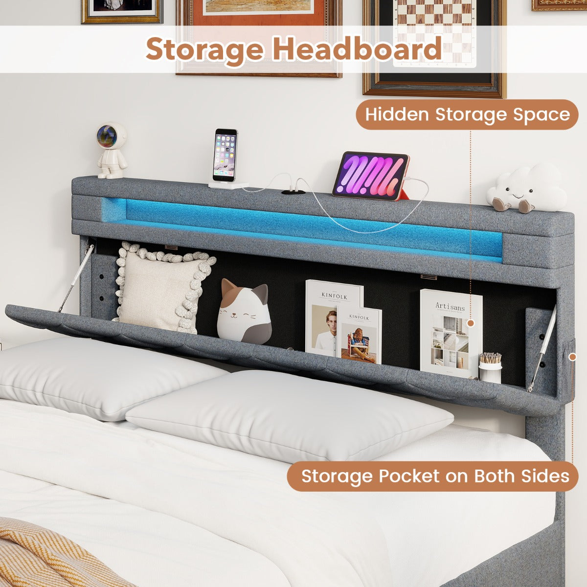 Stoppad – säng med LED belysning, laddstation (2 USB uttag), lådor, grått. – 160 x 200 cm – Grå