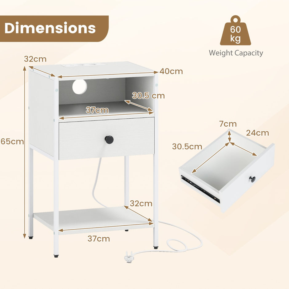 Sängbord – med laddstation Industriellt sidobord öppet fack Låda och Förvaring kompakt Vitt – Vit