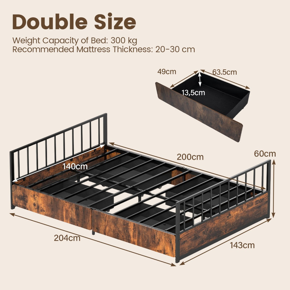 Sängstomme – med lådor och gavel fotände Industriell Dubbelsäng bäddbotten – 2 140 x 200 cm – Rustik brun