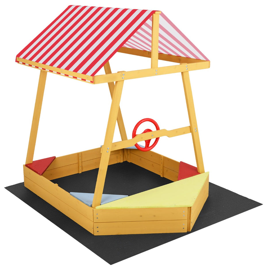 Sandlåda – med tak skepp ratt fyra hörnsittplatser och bottenduk – 103 x 135 x 140 cm – Flerfärgad