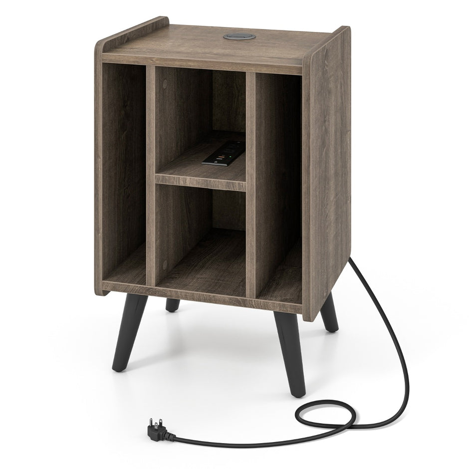 Skivspelarställ – med laddstation och öppna hyllor Vinylskivor Skivspelare Bord – 4 – Grå