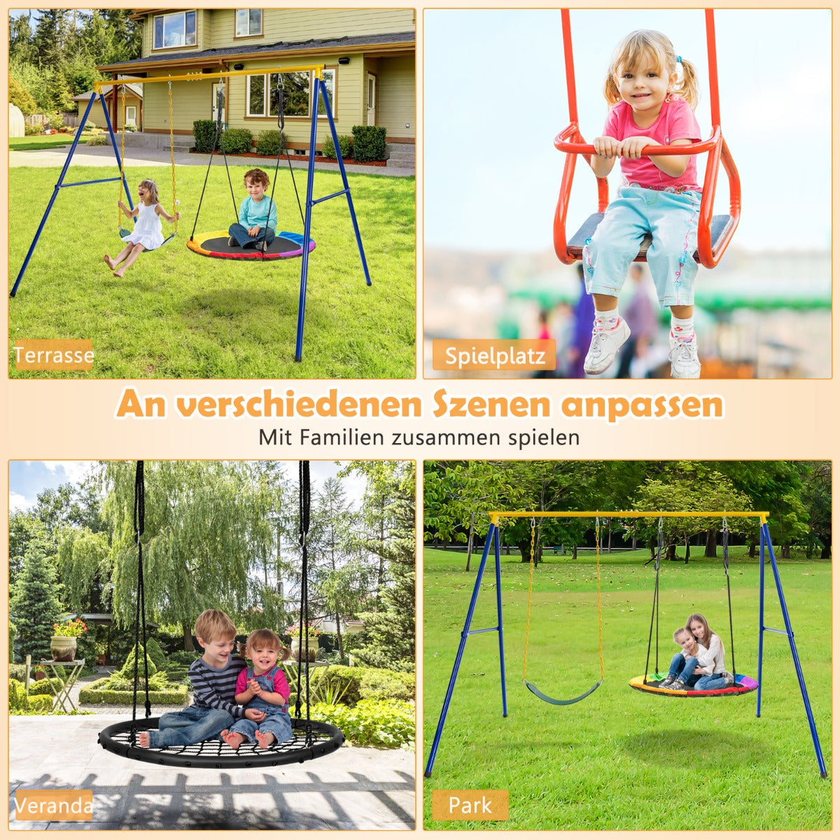 Gungram – med A ram dubbelsving metallram + – 249 x 185 x 181,5 cm – Blå och gul