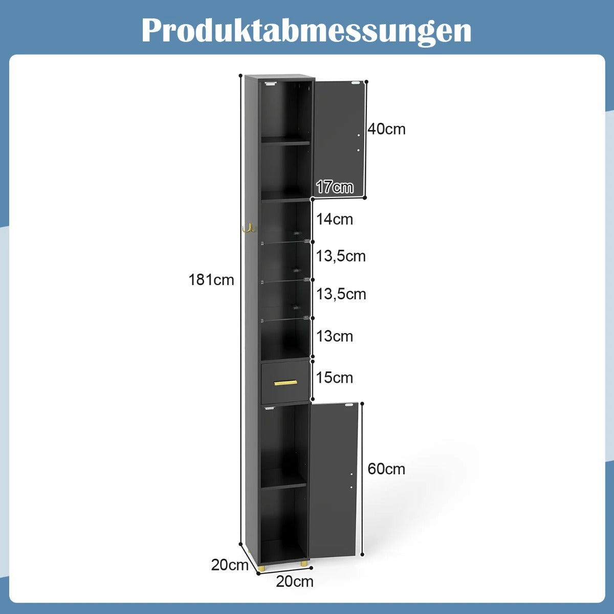 Smal – badrumsskåp med belysning, låda och glashyllor – 3 – Svart