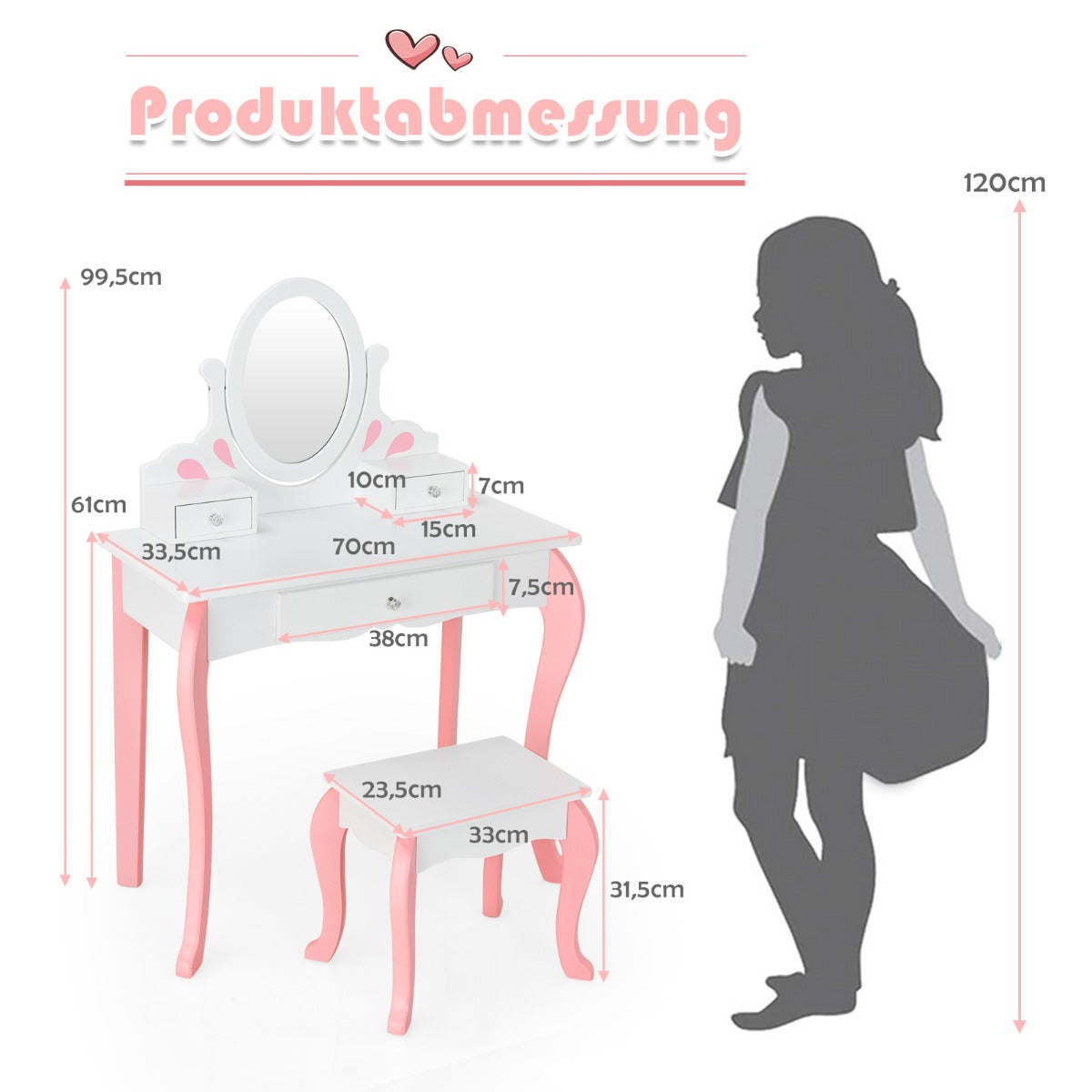 Sminkbord – för barn med Pall Princess lådor och Spegel – 3 – Vit