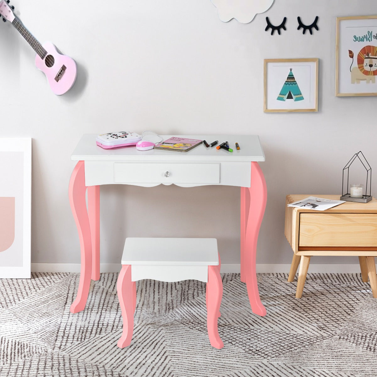 Sminkbord – för barn med Pall Princess lådor och Spegel – 3 – Vit