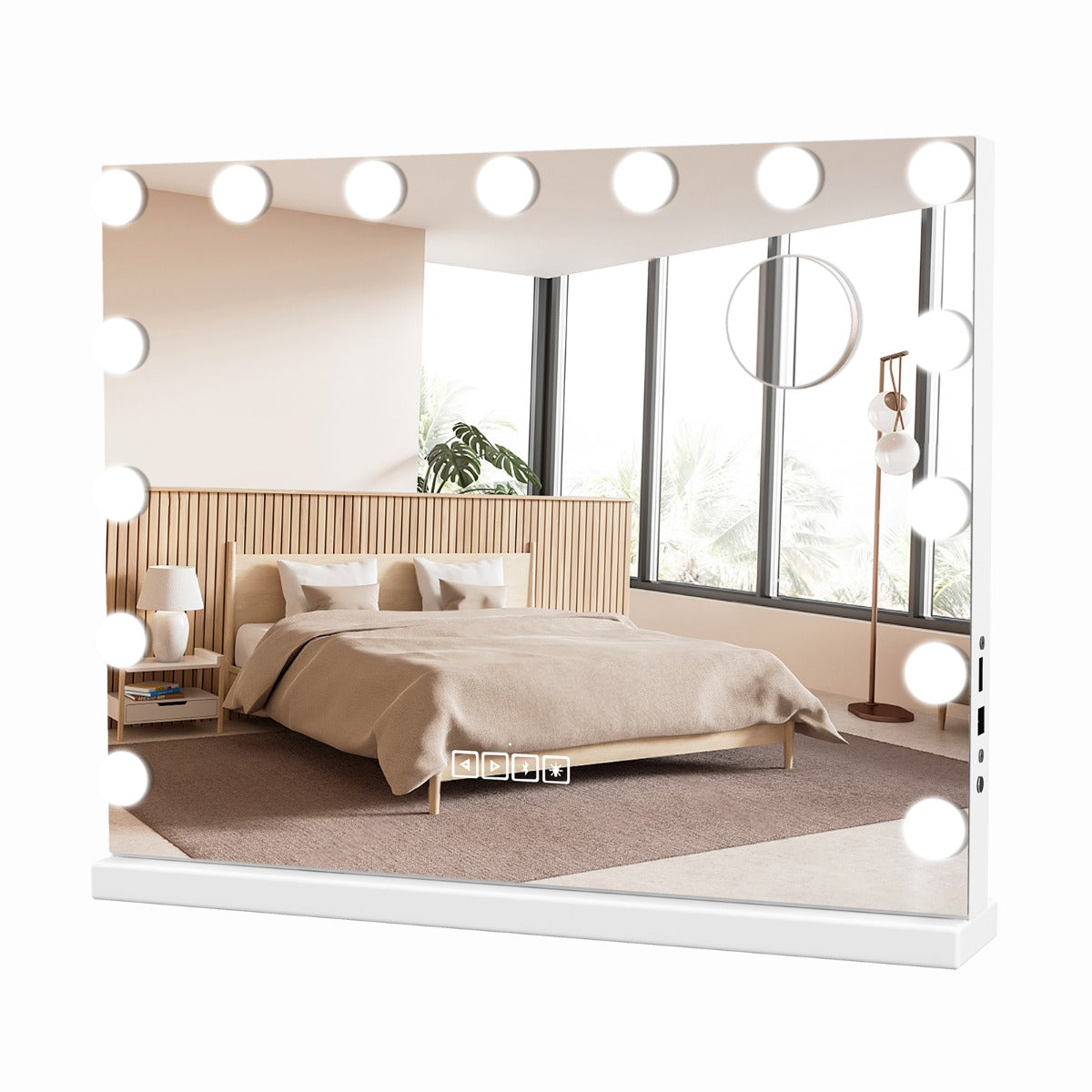 Hollywood – spegel med belysning USB laddningsport och Bluetooth högtalare för sovrum – 58 x 46 cm – Vit