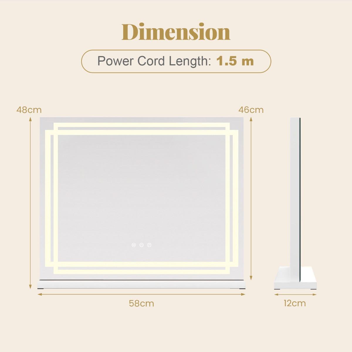 LED upplyst – sminkspegel med färgiga dimbara lägen och Smart touch styrning – 3 58 x 12 x 48 cm – Vit
