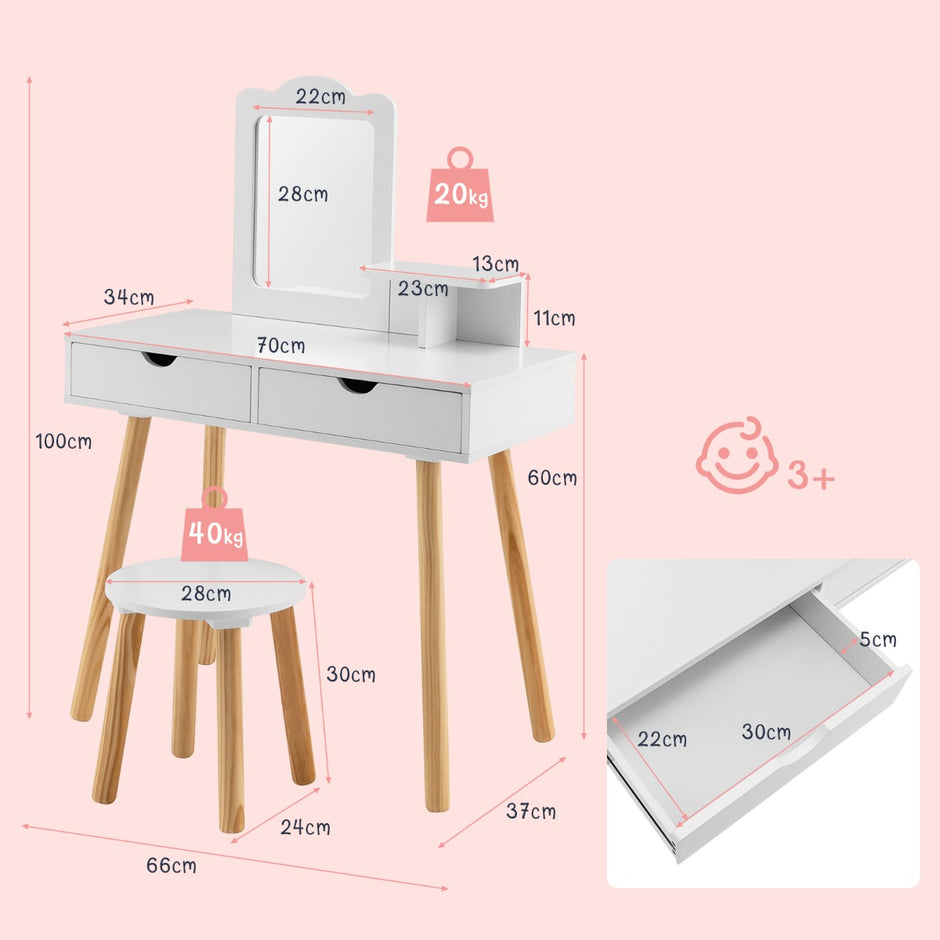 i – sminkbord för barn Skrivbord och pall med spegel – 2 1 70 x 37 x 100 cm – Vit