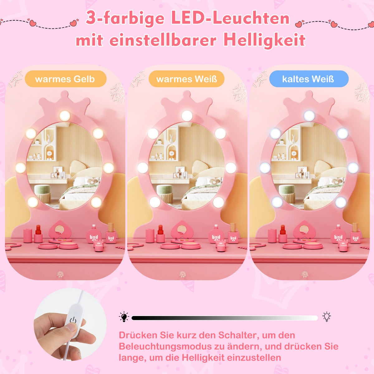 Sminkbord – Barn med Belysning i Princess avtagbar spegel – 2 1 – Rosa