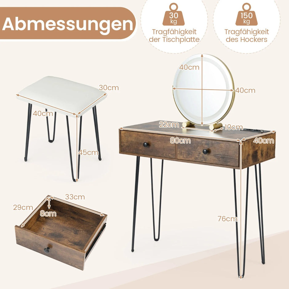 Sminkbord – med spegel, belysning, laddningsstation och pall Frisörbord Kosmetikbord Rustikt brunt – Rustik brun