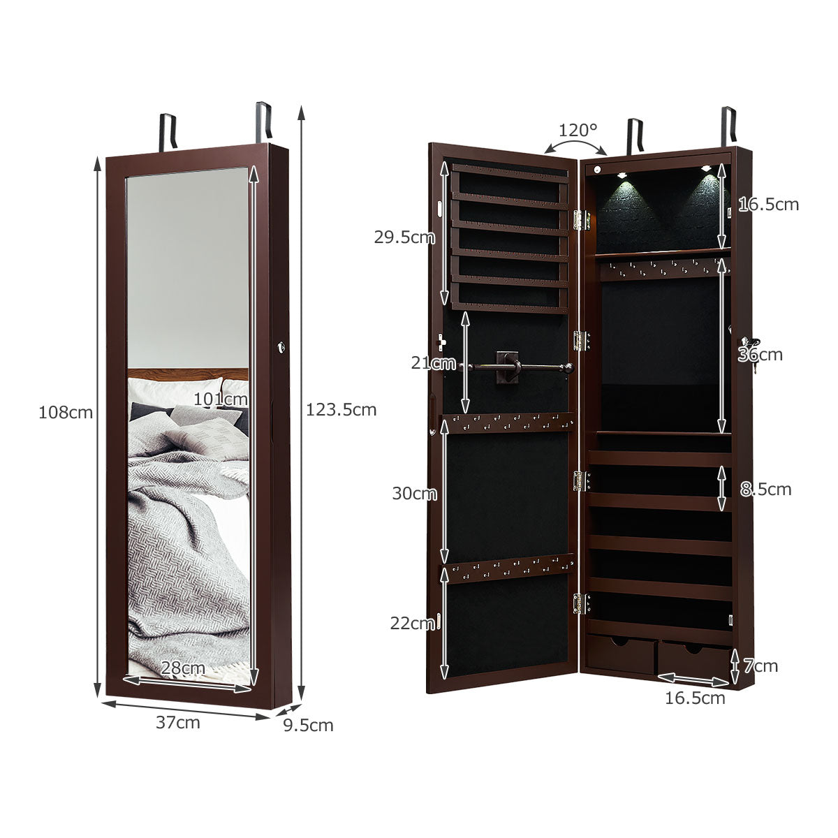 Låsbart – LED smyckesskåp med fullängdsspegel – 37 x 9,5 x 108 cm – Brun