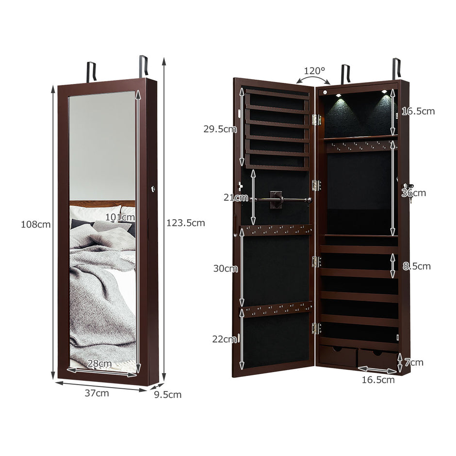Låsbart – LED smyckesskåp med fullängdsspegel – 37 x 9,5 x 108 cm – Brun