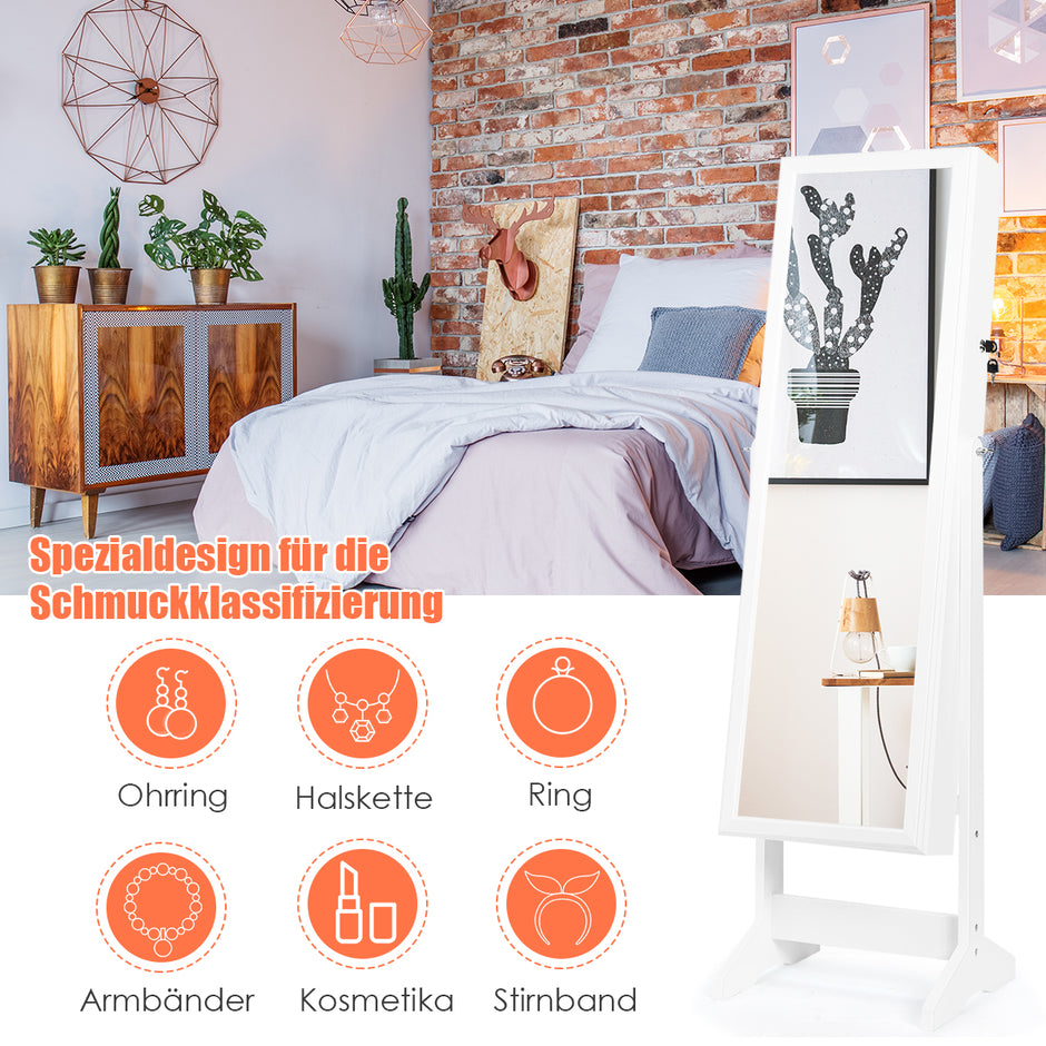 Smyckesskåp – med fullängdsspegel Smyckesställ – 41 x 36,5 x 146 cm – Vit