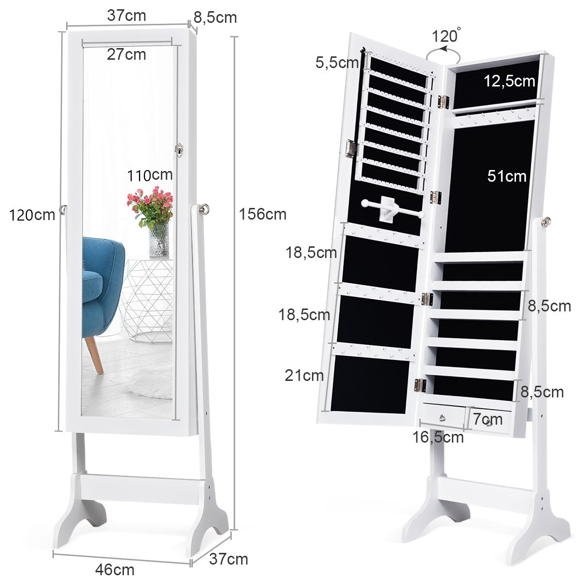 Smyckesskåp – Låsbart Smyckesspegelskåp med – 46 x 37 x 156 cm – Vit