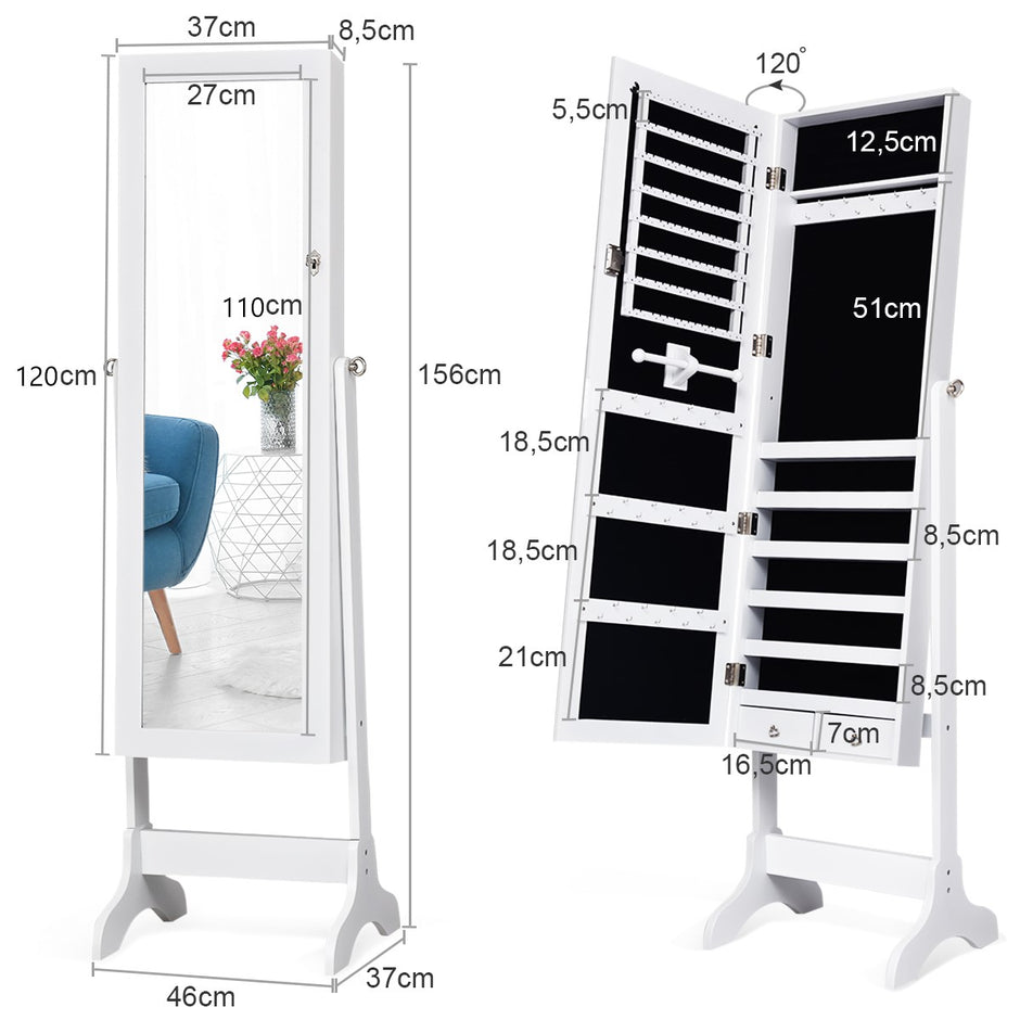 Smyckesskåp – Låsbart Smyckesspegelskåp med – 46 x 37 x 156 cm – Vit