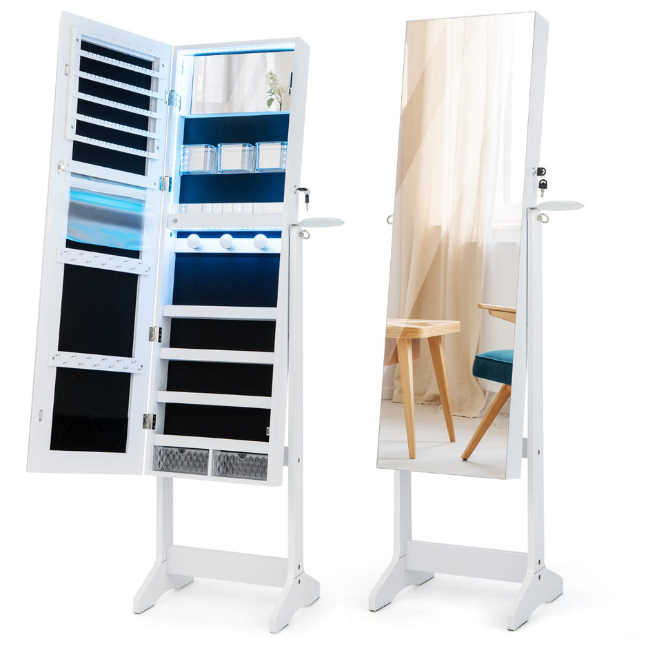 LED smyckesskåp – med fullängdsspegel och sminkspegel – 41 x 37 x 156 cm – Vit