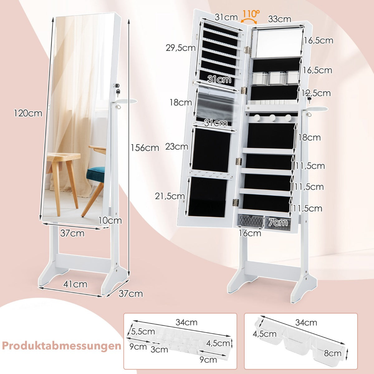 LED smyckesskåp – med fullängdsspegel och sminkspegel – 41 x 37 x 156 cm – Vit