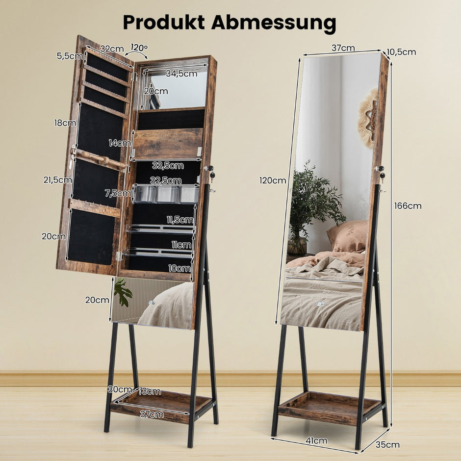 Smyckesskåp – med spegel Låsbart färgade LED belysning – 3 41 x 35 x 166 cm – Brun