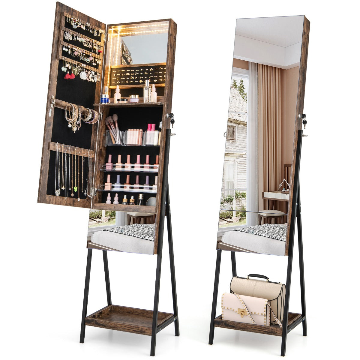 Smyckesskåp – med spegel Låsbart färgade LED belysning – 3 41 x 35 x 166 cm – Brun