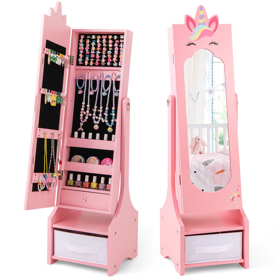 i – smyckesskåp för barn med fullängdsspegel och låda Spegelskåp Sminkspegel – 2 1 – Rosa