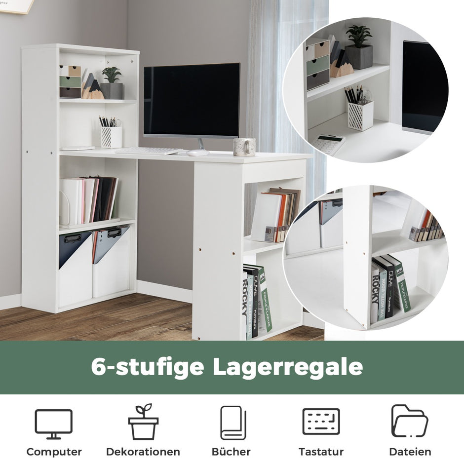 Skrivbord – med bokhylla Datorbord hyllor PC – 6 – Vit