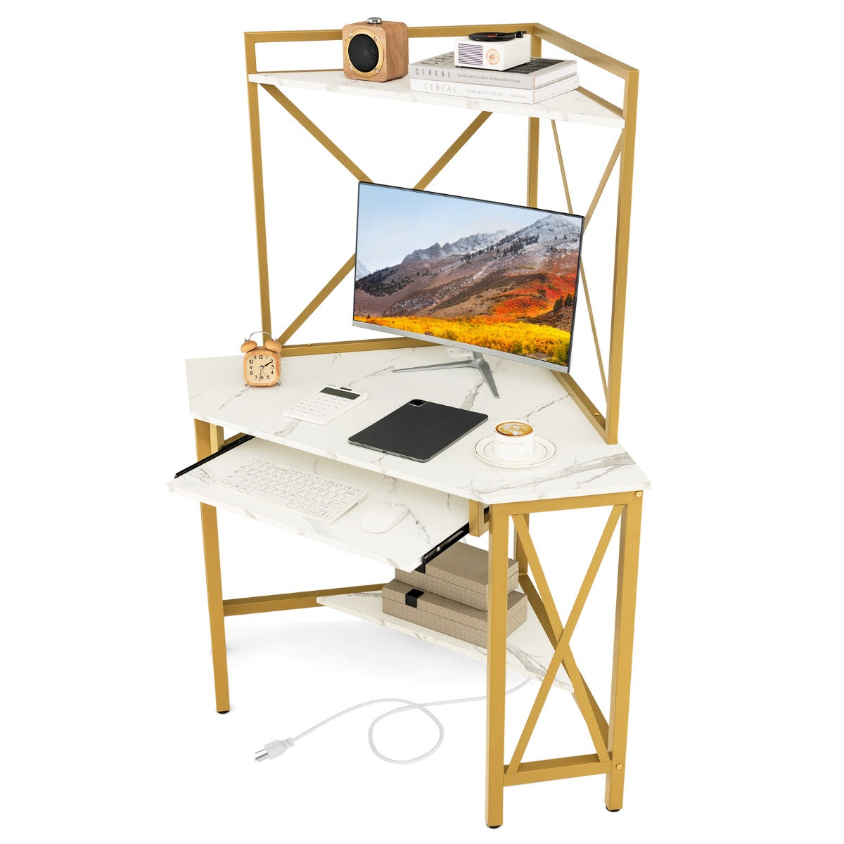 Skrivbord – med laddstation Hörndatorbord tangentbordshylla och hyllor + – 2 113 x 75 x 145 cm – Vit