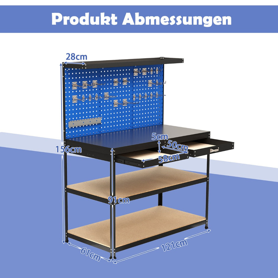 Arbetsbänk – lastkapacitet arbetsbord med perforerad vägg verktyg – 121 x 61 cm 230 kg – Blå