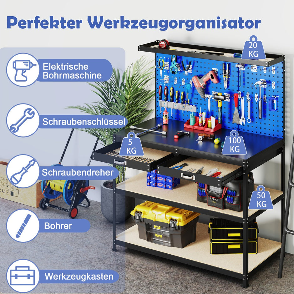 Arbetsbänk – lastkapacitet arbetsbord med perforerad vägg verktyg – 121 x 61 cm 230 kg – Blå