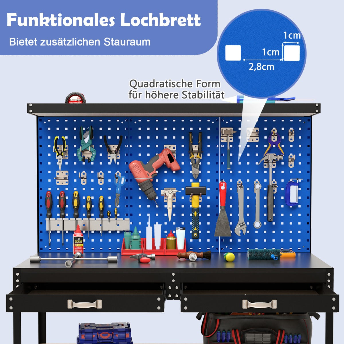 Arbetsbänk – lastkapacitet arbetsbord med perforerad vägg verktyg – 121 x 61 cm 230 kg – Blå
