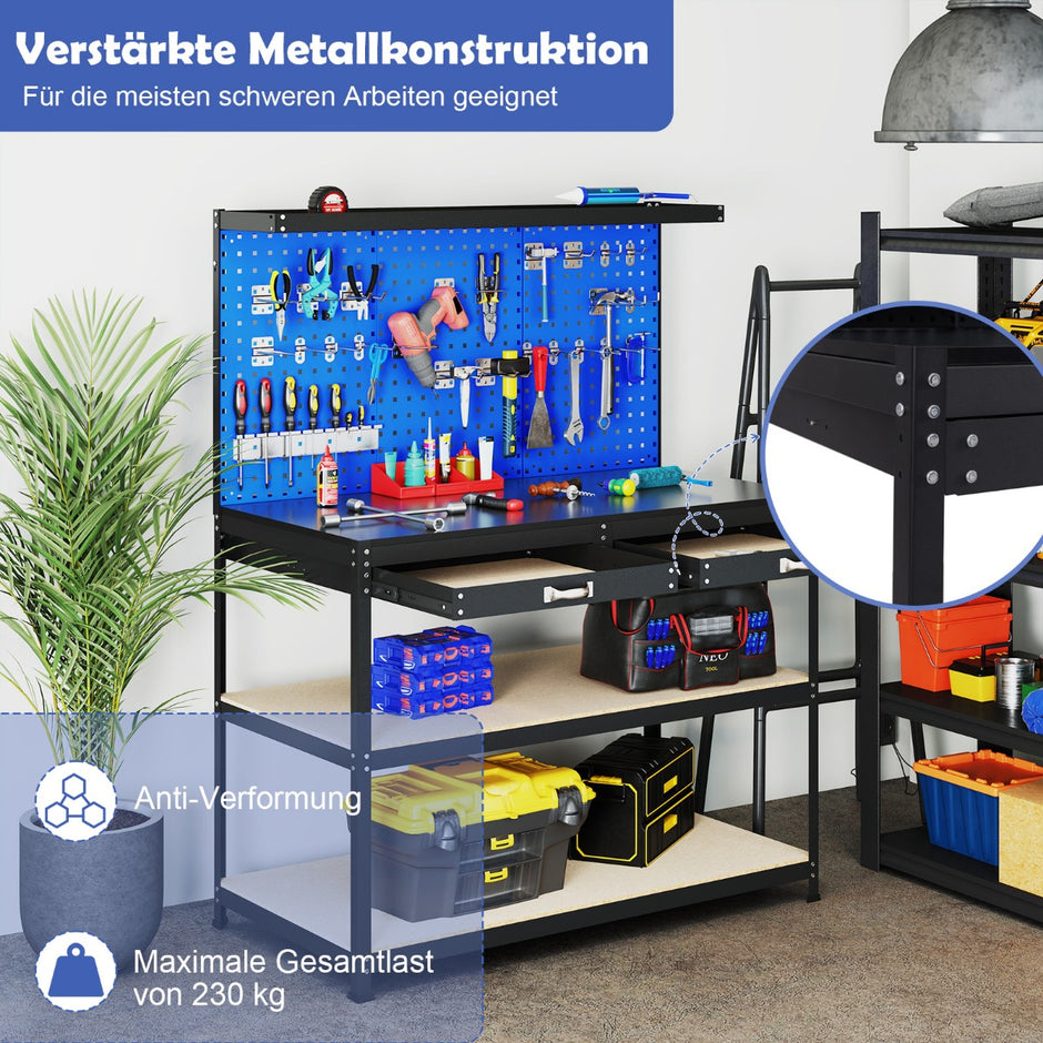 Arbetsbänk – lastkapacitet arbetsbord med perforerad vägg verktyg – 121 x 61 cm 230 kg – Blå