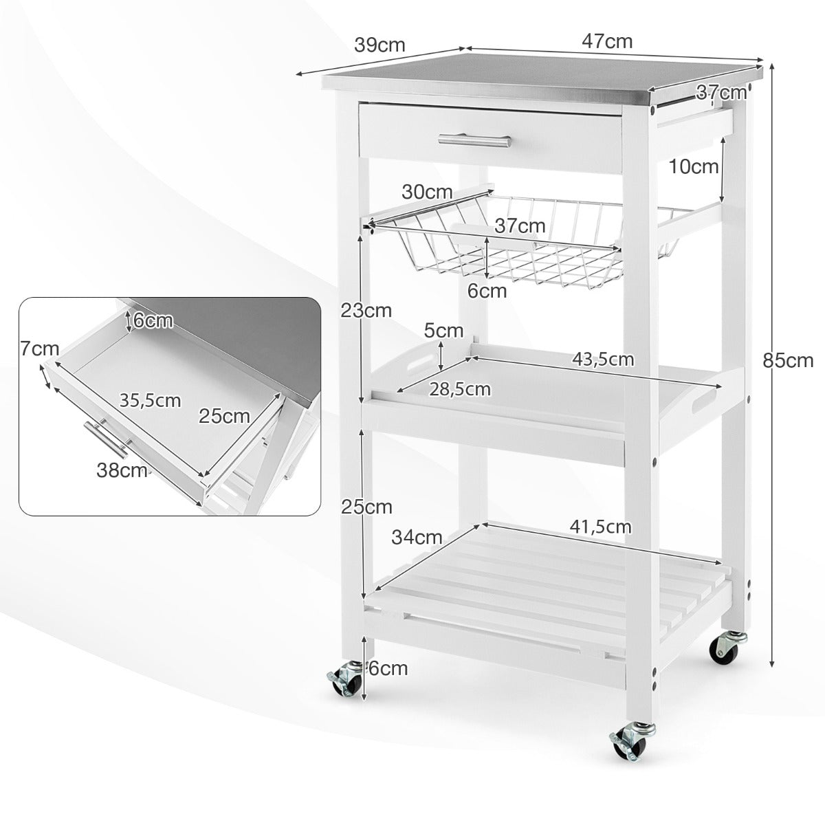Serveringsvagn – Rullande köksö med bänkskiva – 47 x 39 x 85 cm – Vit