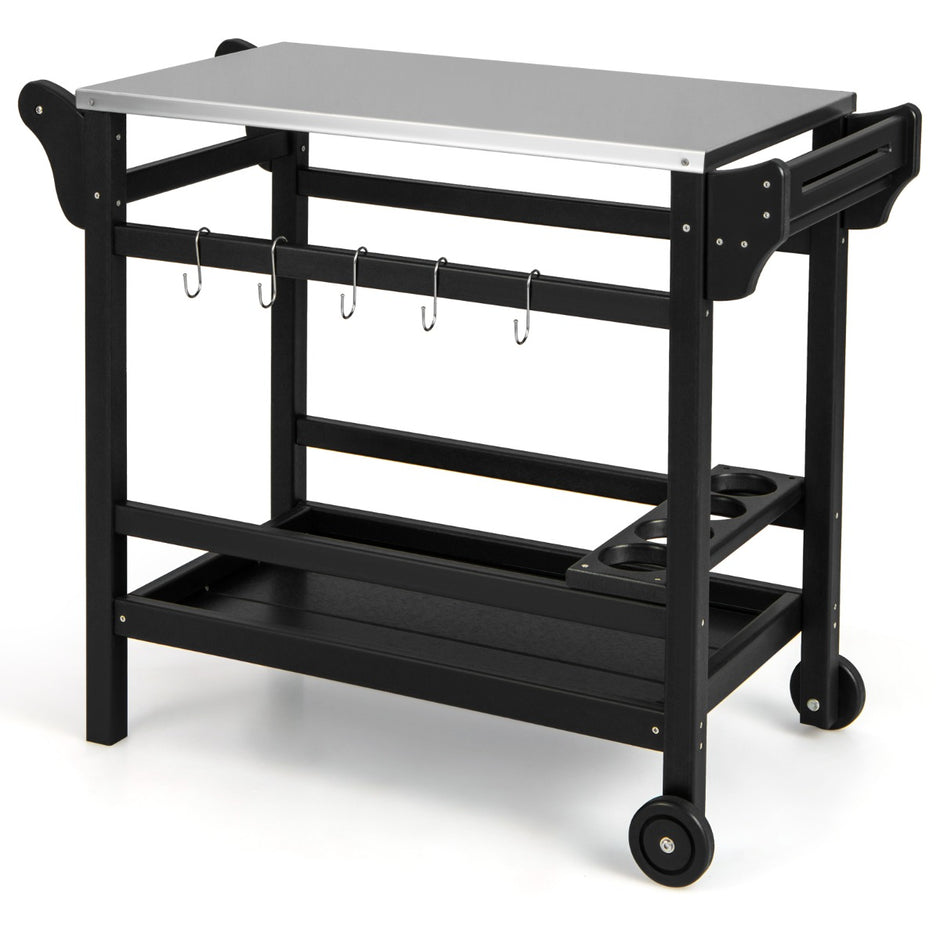 Grillvagn – med kryddbricka och vinflaskställ handtag hjul grillbord – 2 105 x 54 x 85 cm – Svart