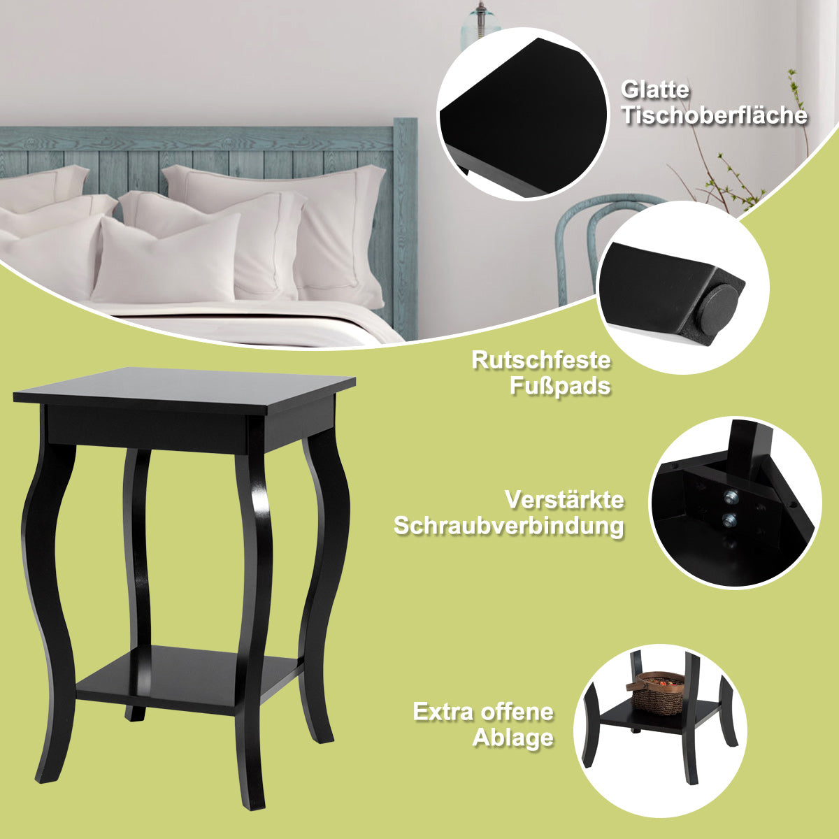 Set – med sidobord böjda ben och vånings sängbord hylla – 2 2 – Svart