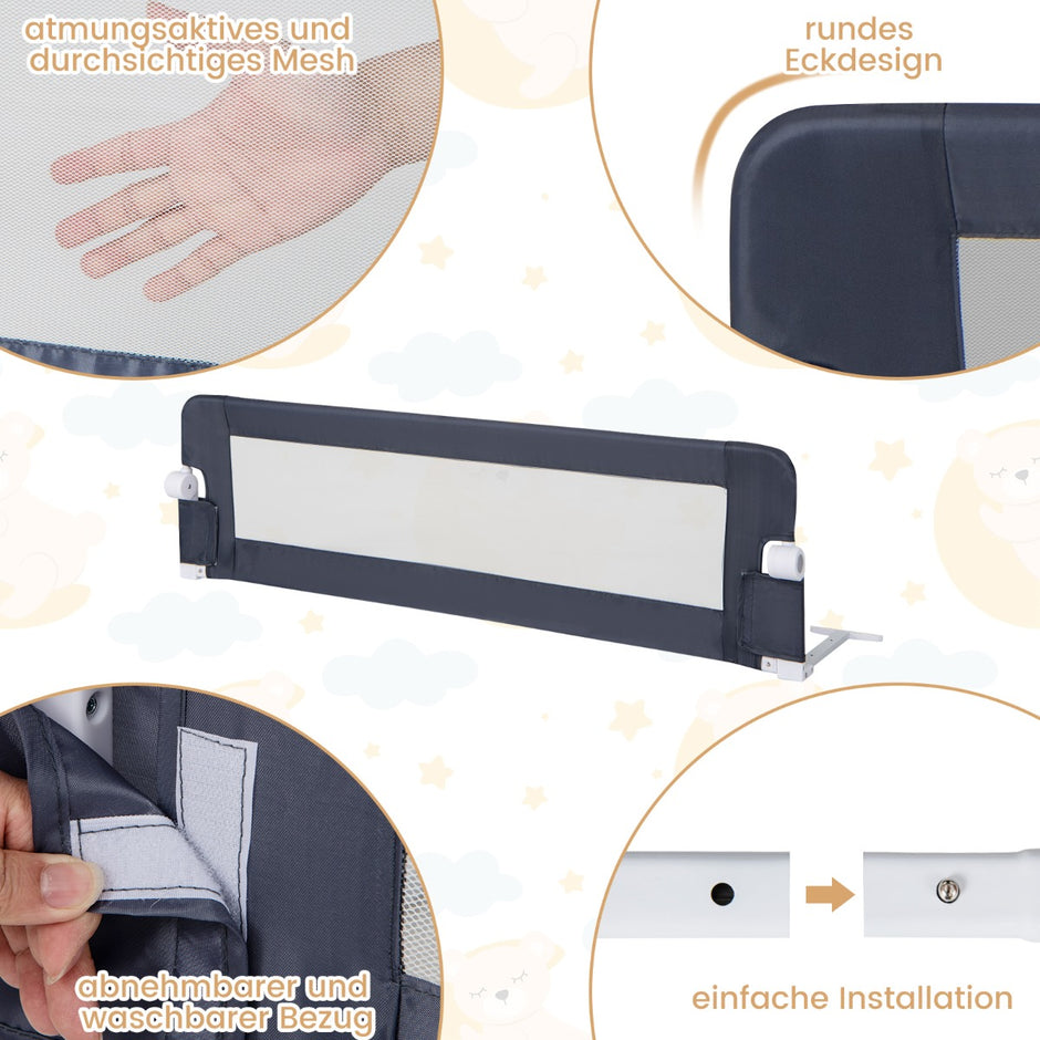 Vikbar – sängstång med justerbara och ONE Click hopfällbara remmar Sängskydd – 150 x 42 cm – Grå