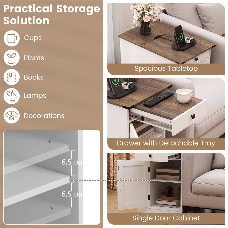 sats – Sidobord med Laddningsstation Sidoskåp Vikbar Bordsyta Nattduksbord – 2 – Vit