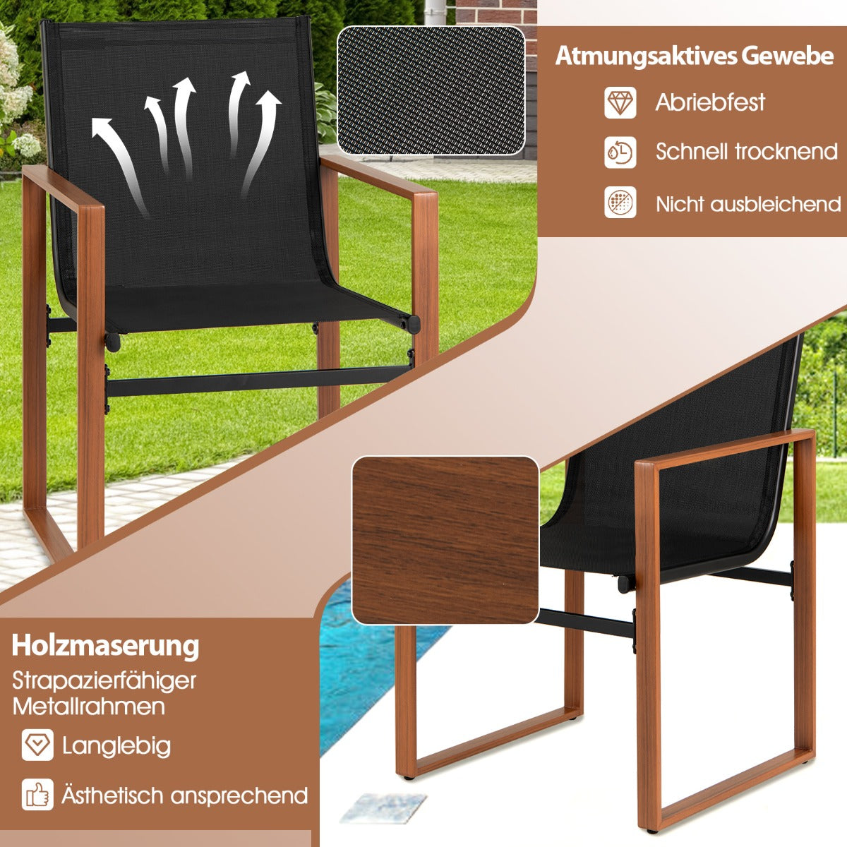 Set – med uteplatsstolar andningsbar sits och ryggstöd, trädgårdsstolar, svarta – 2 – Svart