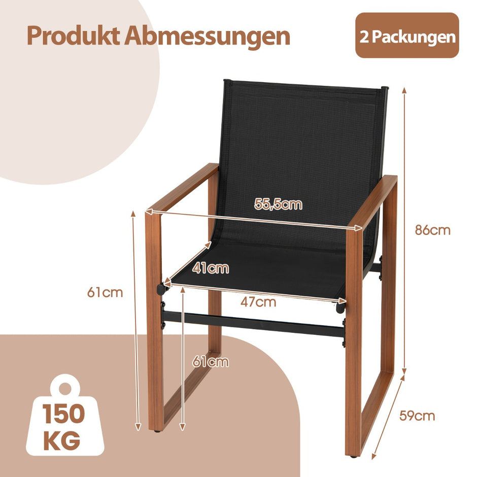 Set – med uteplatsstolar andningsbar sits och ryggstöd, trädgårdsstolar, svarta – 2 – Svart
