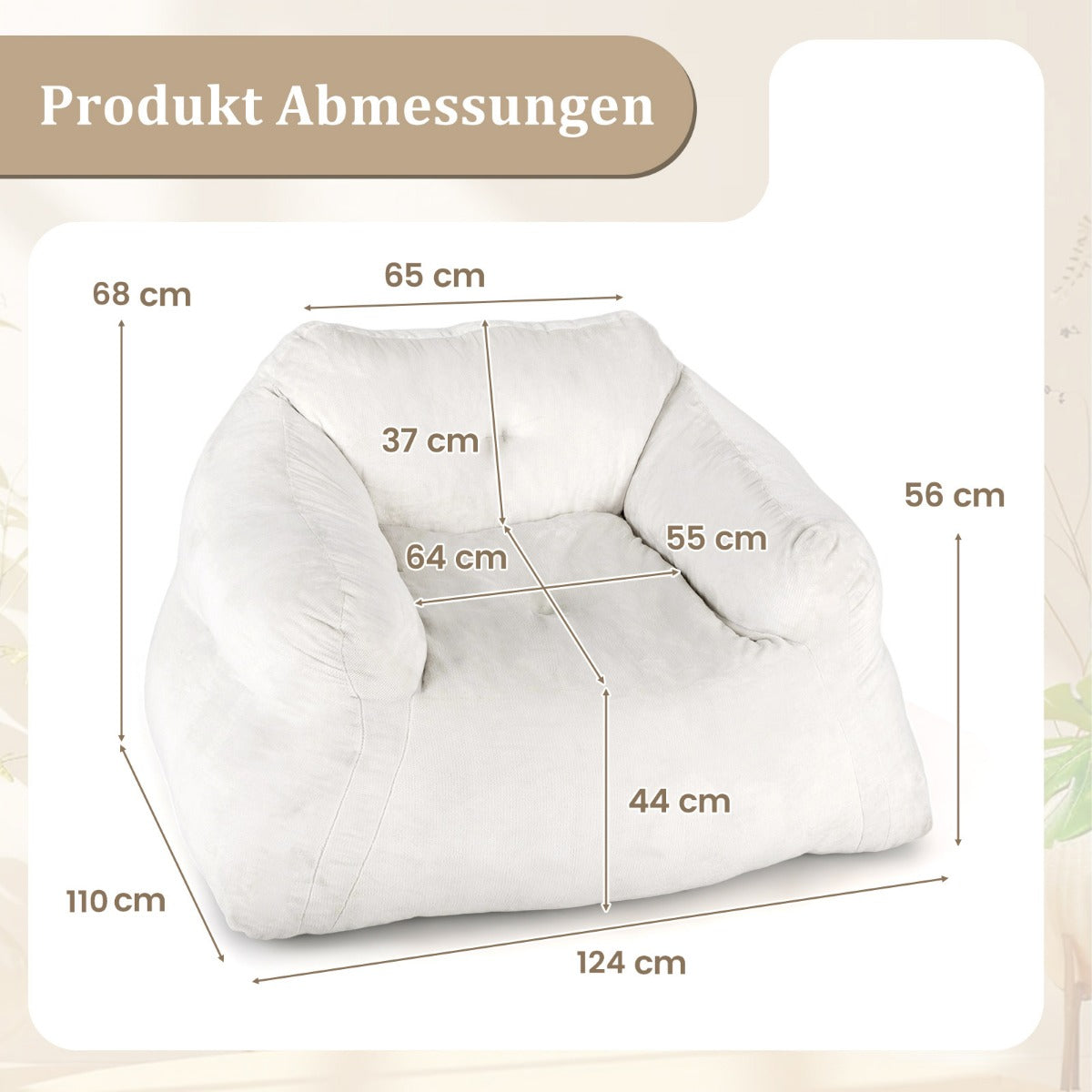 Sittsäck – Sessel Golvsittmöbel med sammetstyg och halkfri botten, vadderad golvssoffa för vardagsrum – 124 x 110 x 68 cm – Beige