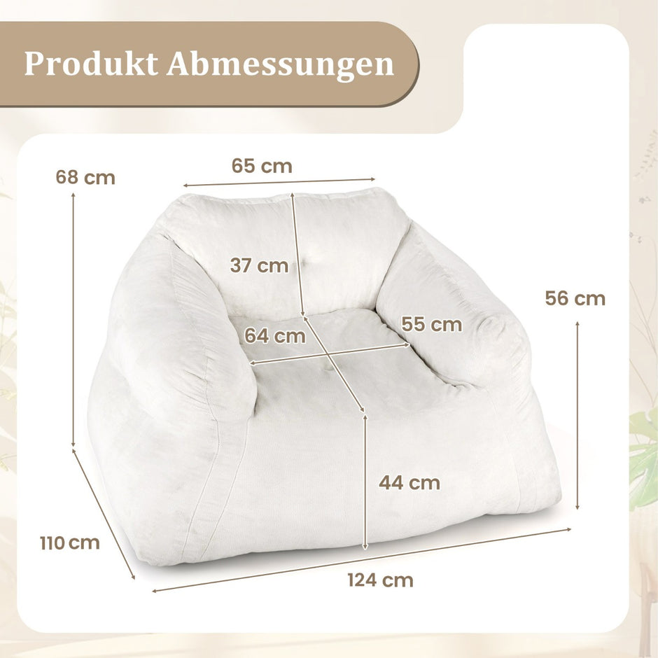 Sittsäck – Sessel Golvsittmöbel med sammetstyg och halkfri botten, vadderad golvssoffa för vardagsrum – 124 x 110 x 68 cm – Beige