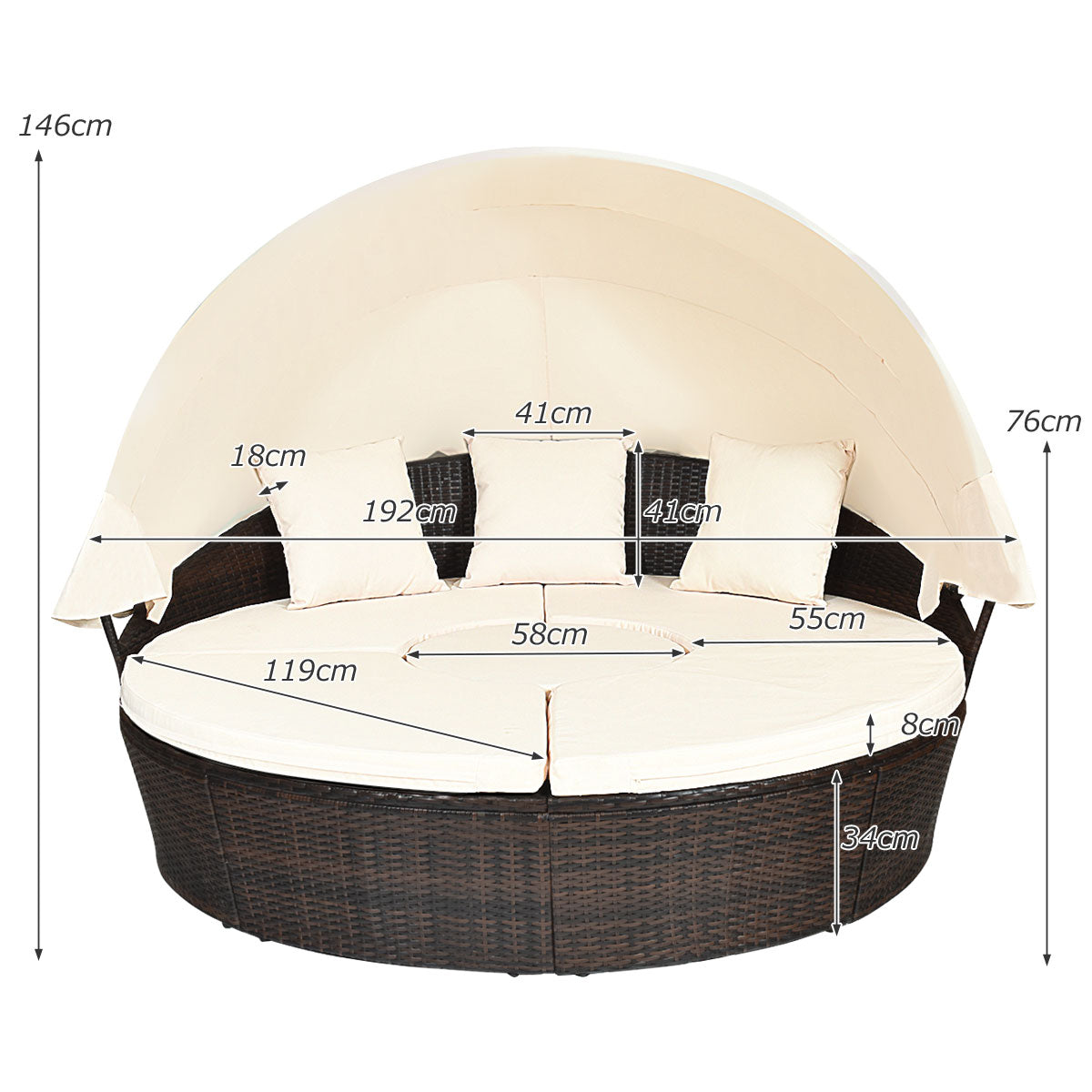 Rund – dagbädd utomhus med utfällbar kapell – 192 x 177 x 146 cm – Beige