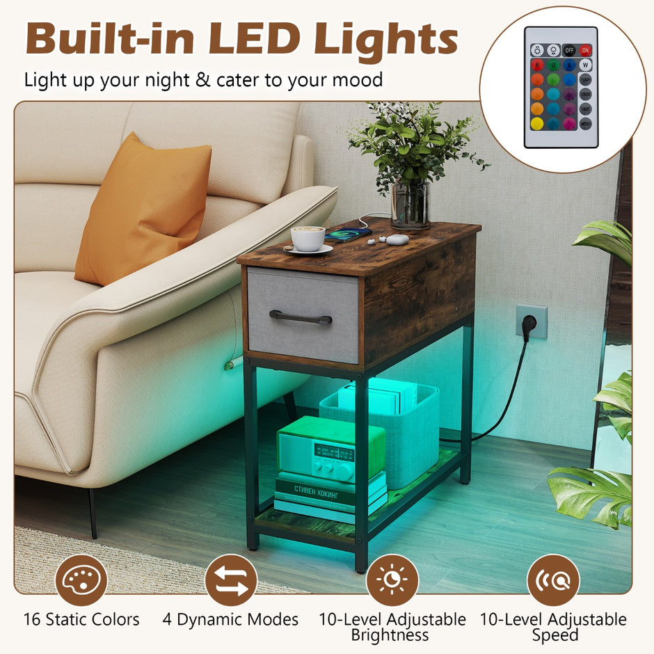 Smal – sidobord, sängbord med laddstation och LED belysning, industriellt soffbord, rustikalt brunt. – Rustik brun