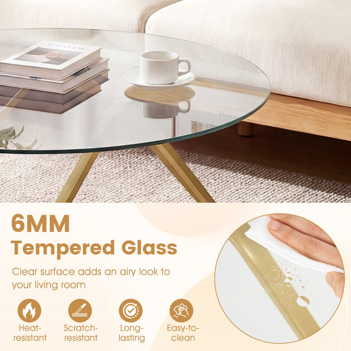 Runt – soffbord med härdat glas och metallram Modernt Sidobord Gyllene – Guld
