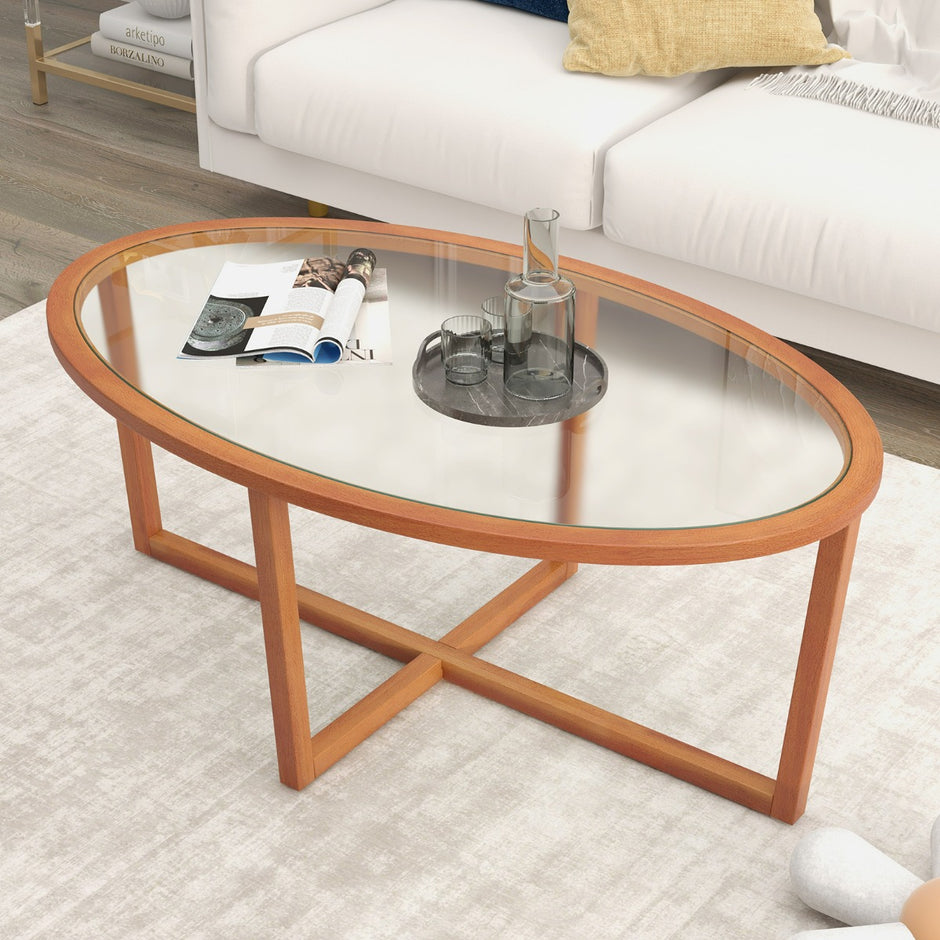 Soffbord – i glas med korsfot och ben av akaciaträ Modernt sidobord i – Brun