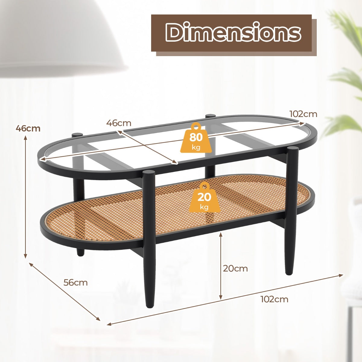 Oval – Soffbord Sidobord Med Glasbordsskiva och Rattanhylla + – 102 x 56 x 47 cm – Svart