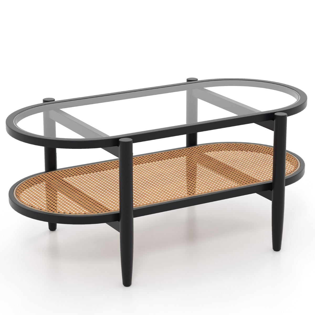 Oval – Soffbord Sidobord Med Glasbordsskiva och Rattanhylla + – 102 x 56 x 47 cm – Svart
