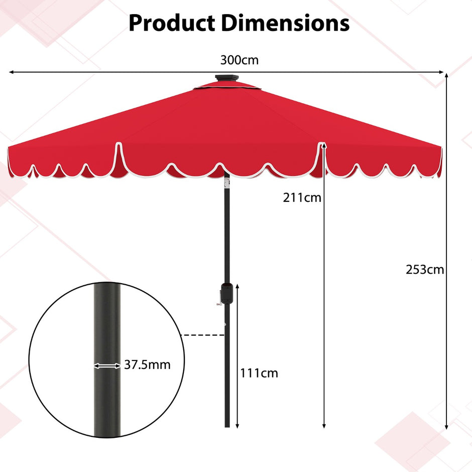 Parasoll – med LED belysning och vev volang, trädgårdsparassoll, marknadsparassoll – 300 cm – Vin