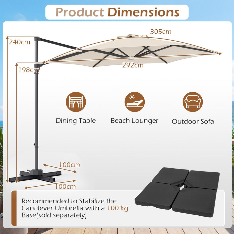 Solskärm – Uthängd med 360° rotation ventilationsöppning korsfot vev – 3 m – Beige