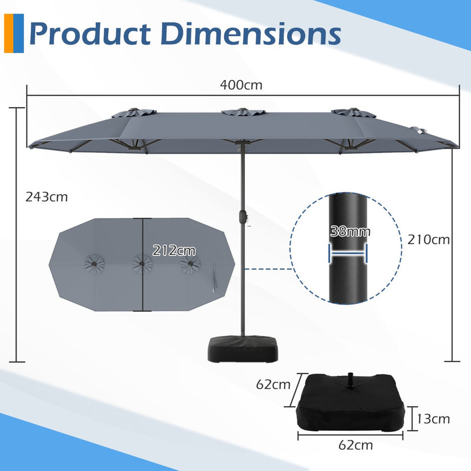Dubbel – parasoll med stativ, solskydd UPF 50+, – 400 x 200 cm – Grå
