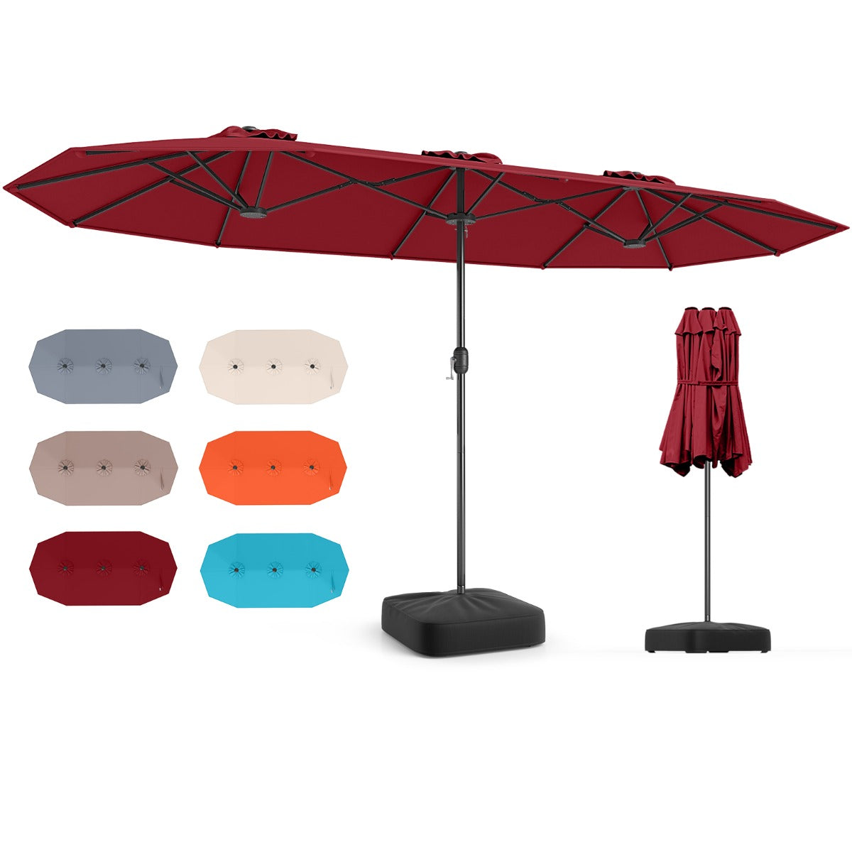 Dubbel – parasoll med stativ, solskydd UPF 50+, – 400 x 200 cm – Vinröd
