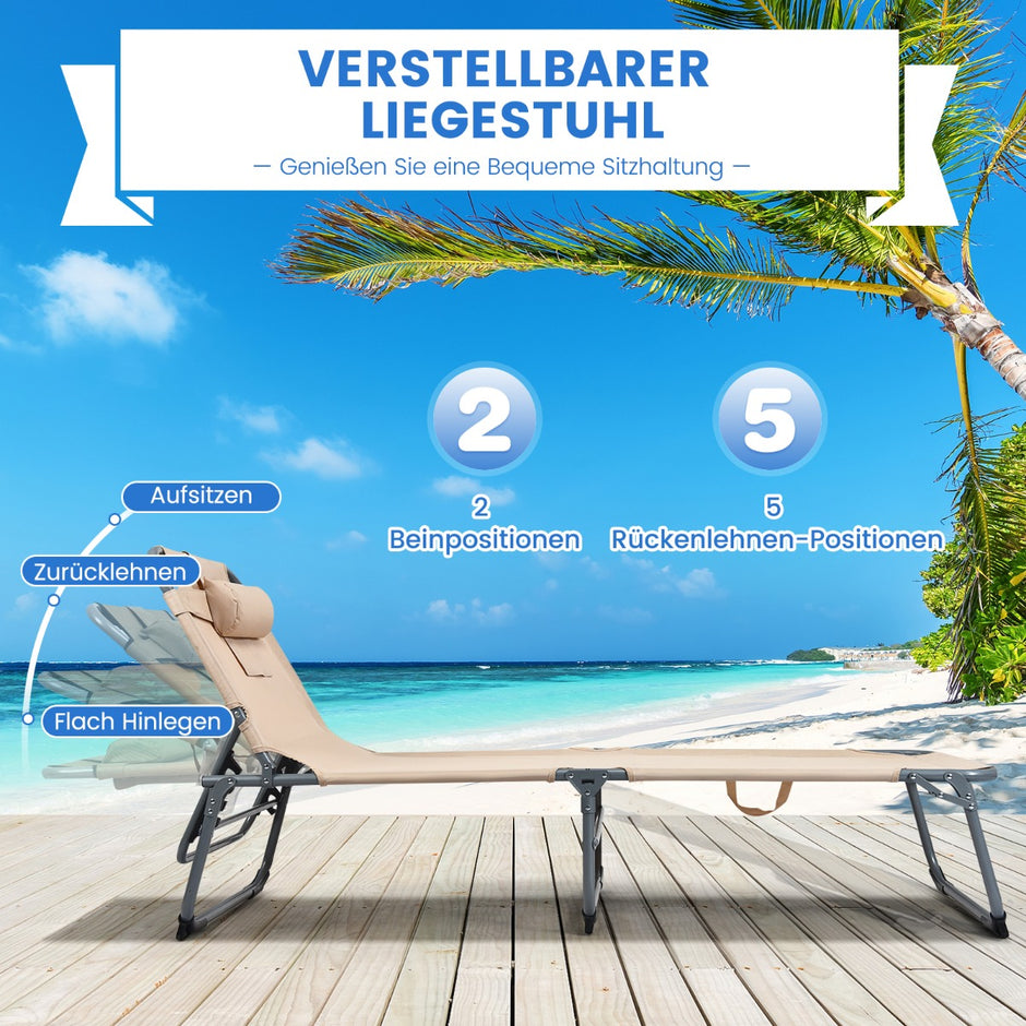 Justerbar – solstol Hopfällbar strandstol med kudde – 194 x 61 x 35,5-86,5 cm – Beige